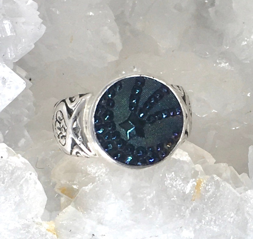 Victorian Luster Czech Glass Moon & Star Button set in Sterling Silver Ring Size 7