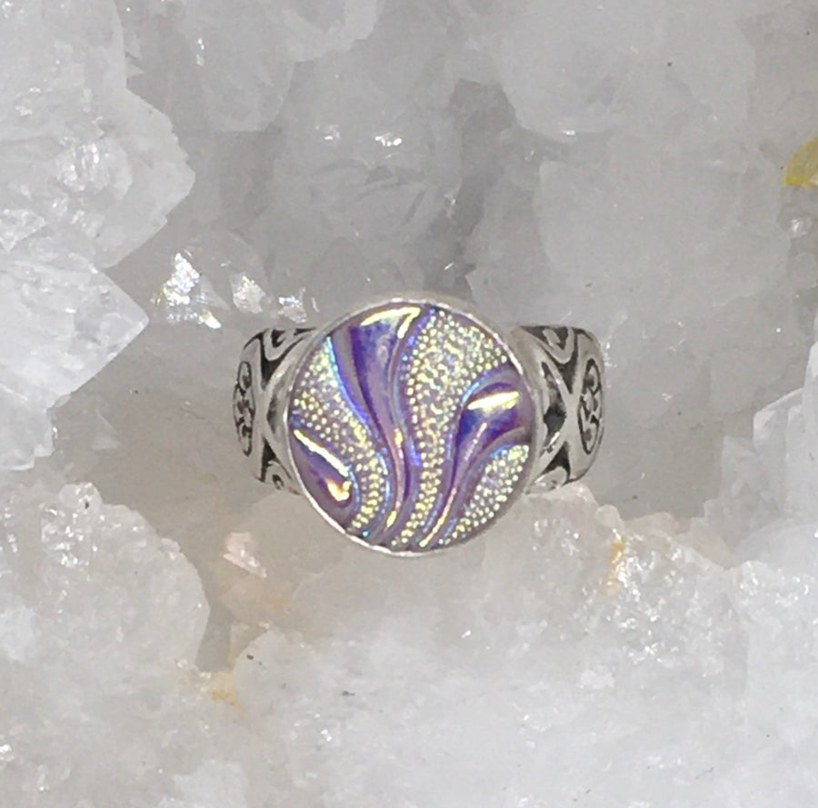 Vintage Luster Czech Glass Button set in Sterling Silver Ring Size 7