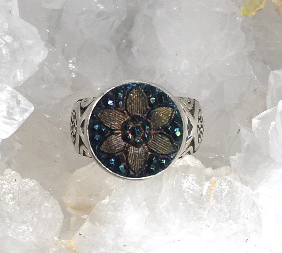 Victorian Luster Czech Glass Button set in Sterling silver ring Size 7