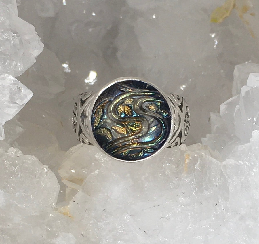 Victorian Lacy Czech Glass Button set in sterling silver ring Size 7