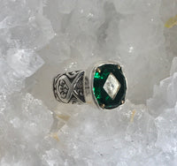 Vintage  Czech Precision Green Glass Button set in sterling silver ring Size 7