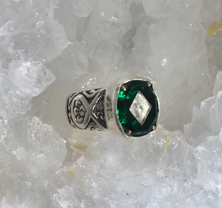 Vintage  Czech Precision Green Glass Button set in sterling silver ring Size 7
