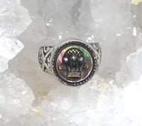 Antique Metal Hot Air Balloon w/ Pearl Background Button set in Sterling Silver Ring Size 7