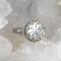 Victorian Carved Pearl W/ Gold Button set in Sterling Silver Ring Size 7