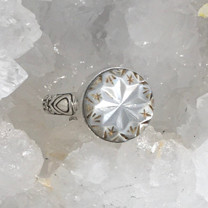 Victorian Carved Pearl W/ Gold Button set in Sterling Silver Ring Size 7