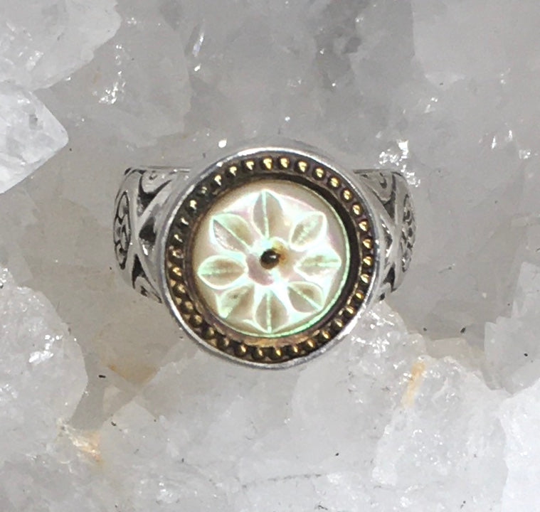 Victorian Carved Pearl Button W/ Brass Rim set in Sterling Silver Ring Size 7