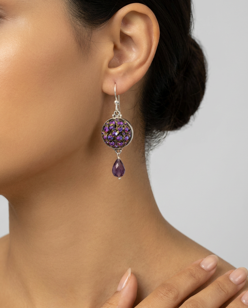 Antique Czech Lustered Glass Button set in Sterling Silver With Facet Amethyst Stone Accent — worn on model