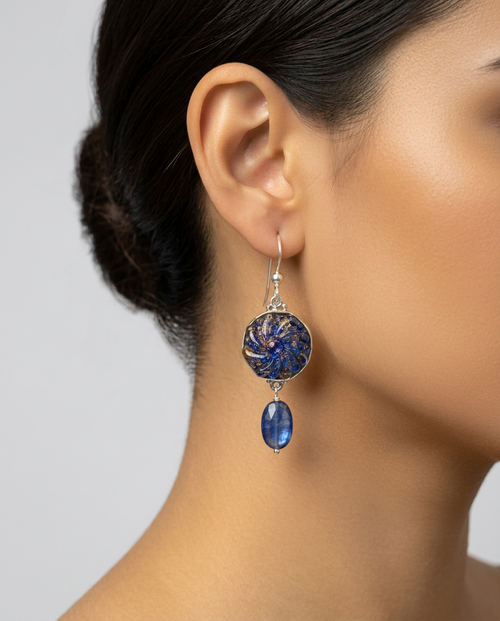 Antique Paperweight Swirled Gold Flecked Glass Button set in Sterling Silver With Facet Kyanite Stone Accent — worn on model