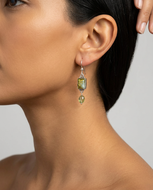 Antique Leo Popper Glass Button set in Sterling Silver With Facet Tourmaline Stone Accent — worn on model