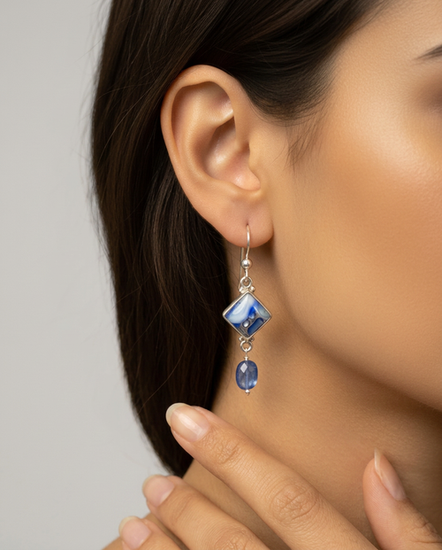Antique Leo Popper Glass Button set in Sterling Silver With Facet Kyanite Stone Accent — worn on model