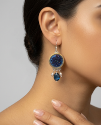 Victorian Glass in Metal  Button set in Sterling Silver With Topaz Facet Stone & Pearl Accent — worn on model