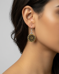 Victorian Luster Glass Button Set in Sterling Silver. Earrings are 3/4" length — worn on model