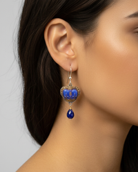 Vintage Blue Glass Crown Button with Gold Accent Set in Sterling Silver w/ Lapis stone accent — worn on model
