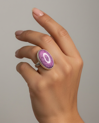 Leo Popper Large Oval Pink glass Button set in  Sterling Silver Ring Size 7-1/2 — worn on model