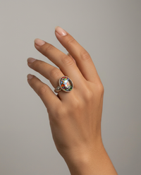Leo Popper Glass Button Oval Confetti set in  Sterling Silver Ring Size 7 — worn on model
