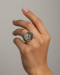 Victorian Carved Tinted Shell Button w/ Tourmaline Facet Center set in Sterling Silver Ring Size 8-1/4 — worn on model