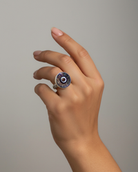 Victorian Carved Tinted Shell Button w/ Garnet Facet Center set in Sterling Silver Ring Size 7-3/4 — worn on model