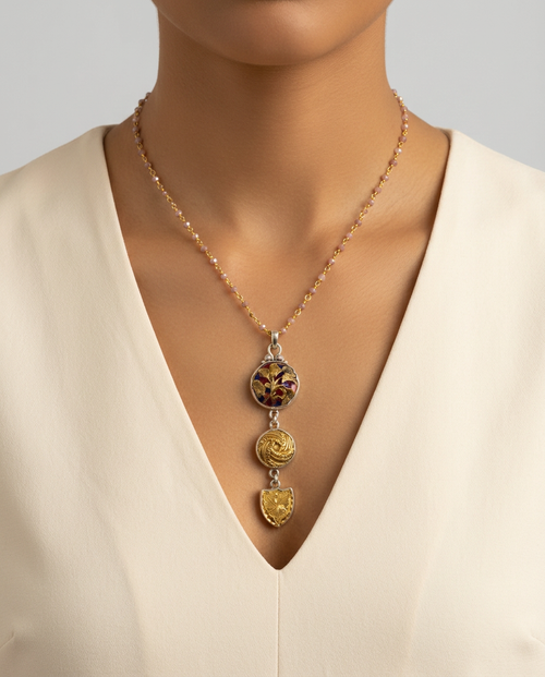 Antique 3 Button Drop Enamel Floral Button & Carved Brass Buttons set in Sterling Silver Pendant accented with Stone Facet Rosary Necklace — worn on model