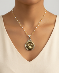 Victorian Picture Metal Crab button set in Sterling silver Pendant w/ Pearl  Necklace — worn on model