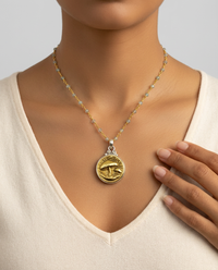 Victorian Picture Metal Mushroom Button set in Sterling Silver w/ Labradorite Facet Necklace 18" Accent — worn on model
