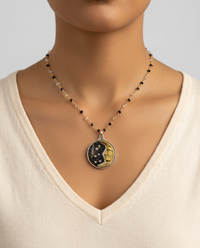 Victorian Picture Metal Moon button set in Sterling silver Pendant w/ Pyrrite Facet Necklace — worn on model