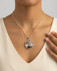 Victorian Carved Shell Insect & Flower Button w/ Tourmaline set in Sterling silver w/ 20" Pearl Necklace — worn on model
