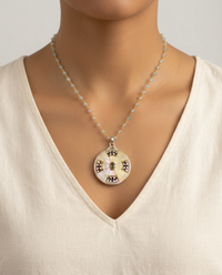 Victorian Carved Shell Button w/ Tourmaline set in Sterling silver w/ 20" Aquamarine Necklace — worn on model
