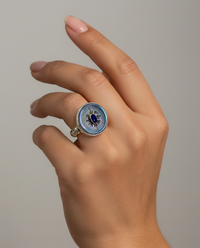 Victorian Carved Tinted Shell Button w/ Kyanite Facet Center set in Sterling Silver Ring Size 7 — worn on model