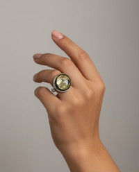 Hand Painted 24K Gold Paint Porcelain Satsuma Antique Button with Image of Bird  set in Sterling Silver Ring Size 7-1/4 — worn on model