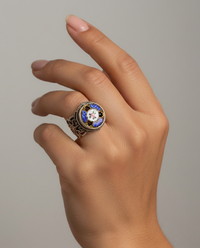 Victorian Hand Painted Floral Enamel Button set in Filigree Sterling Silver Ring Size 8 — worn on model