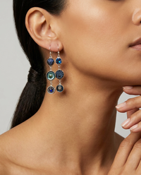 Victorian Hand Victorian Tinted Shell & Czech Glass Button Assymetrical Earrings set in Sterling Silver — worn on model