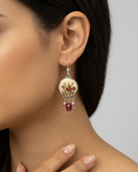 Satsuma Porcelain Hand Painted Iris w/ 24K gold Accent set in sterling Silver Tourmaline and Pearl Accent — worn on model