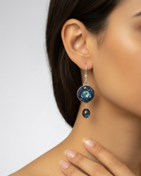 Victorian Hand Victorian Czech Flash Glass Button Earrings set in Sterling Silver w/Blue Topaz Accent — worn on model