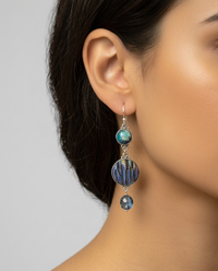 Victorian Hand Victorian Double Button  Leo Popper & Czech Luster Glass Button Earrings set in Sterling Silver Topaz Drop — worn on model