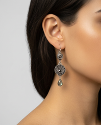 Victorian Hand Victorian Double Button Czech Luster Glass Button Earrings set in Sterling Silver Labradorite Drop — worn on model