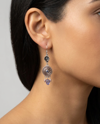 Victorian Double Button Carved Shell Button w/ Iolite Facet Center set in Sterling Silver Earring with Tanzanite Facet Stone Drop & Pearl — worn on model