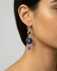 Victorian Double Button Earrings w/ Peacock Eye Glass & Czech Glass Button set in Sterling Silver w/ Kyanite Facet Stone Drop — worn on model