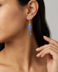 Leo Popper Glass Button Earrings w/ Facet Kyanite Stone Accent set in Sterling Silver — worn on model