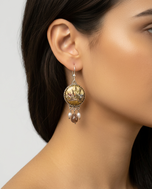 Satsuma set in Sterling Silver w/ Black Moonstone Facet Stone  & Pearl Drop Accent — worn on model