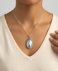 Victorian  Grey Shell  Button set in Sterling silver w/ Sterling silver Necklace — worn on model