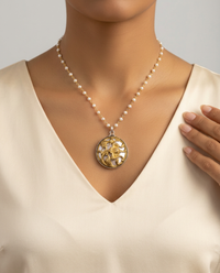 Victorian Shell set in Ornate Metal Button set in Sterling Silver w/ Pearl Necklace — worn on model