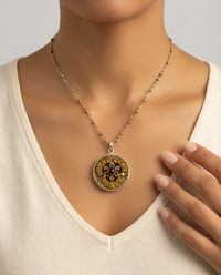 Victorian Glass set in Ornate Metal Button set in Sterling Silver w/ Facet Pyyrite Necklace — worn on model