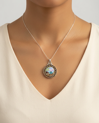 Victorian Hand Painted Enamel steel Facet Rim set in Sterling Silver w/ Sterling Silver Necklace — worn on model