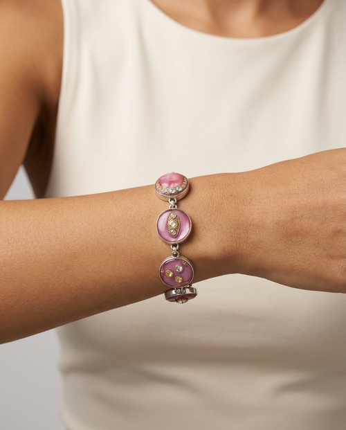 Early 1900s Czech Republic Pink Moonglows w/ Rhinestone Glass Buttons set in Sterling Silver Bracelet — worn on model