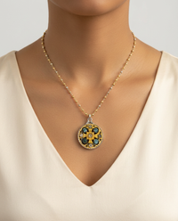 Victorian  Glass in Openwork Metal With Pronged Bi Color Glass Button Set in Sterling Silver With Facet  Stone Rosary Necklace — worn on model