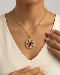 Victorian Hand Painted Floral Enamel set in Sterling Silver w/ Garnet Rosary Necklace — worn on model