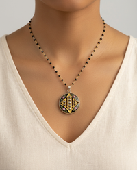 Victorian Hand Painted Floral Enamel with Steel Facet Accent set in Sterling Silver w/ Black Spinnel Rosary Necklace — worn on model