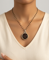 Victorian Metal Perfume Velvet Floral Button Set in Sterling Silver Pendant w/ Black Spinnel Rosary Necklace — worn on model