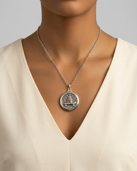 Victorian Picture Metal Button Beehive & Bees Button set in Sterling silver Pendant w/ Sterling Silver 22" Necklace — worn on model