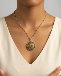Victorian Picture Metal Owl button set in Sterling silver Pendant w/ Pyrrite Facet Necklace — worn on model
